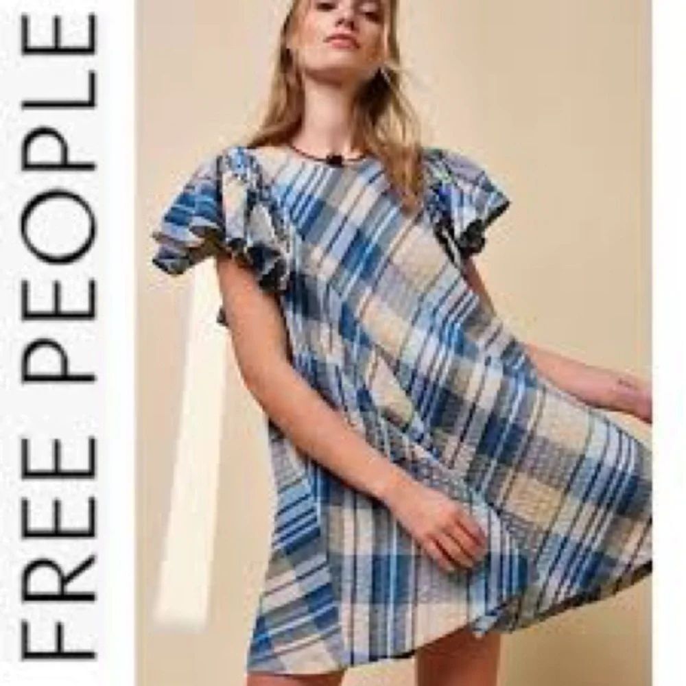 Free People Blue Plaid Ruffle Sleeve Mini Dress